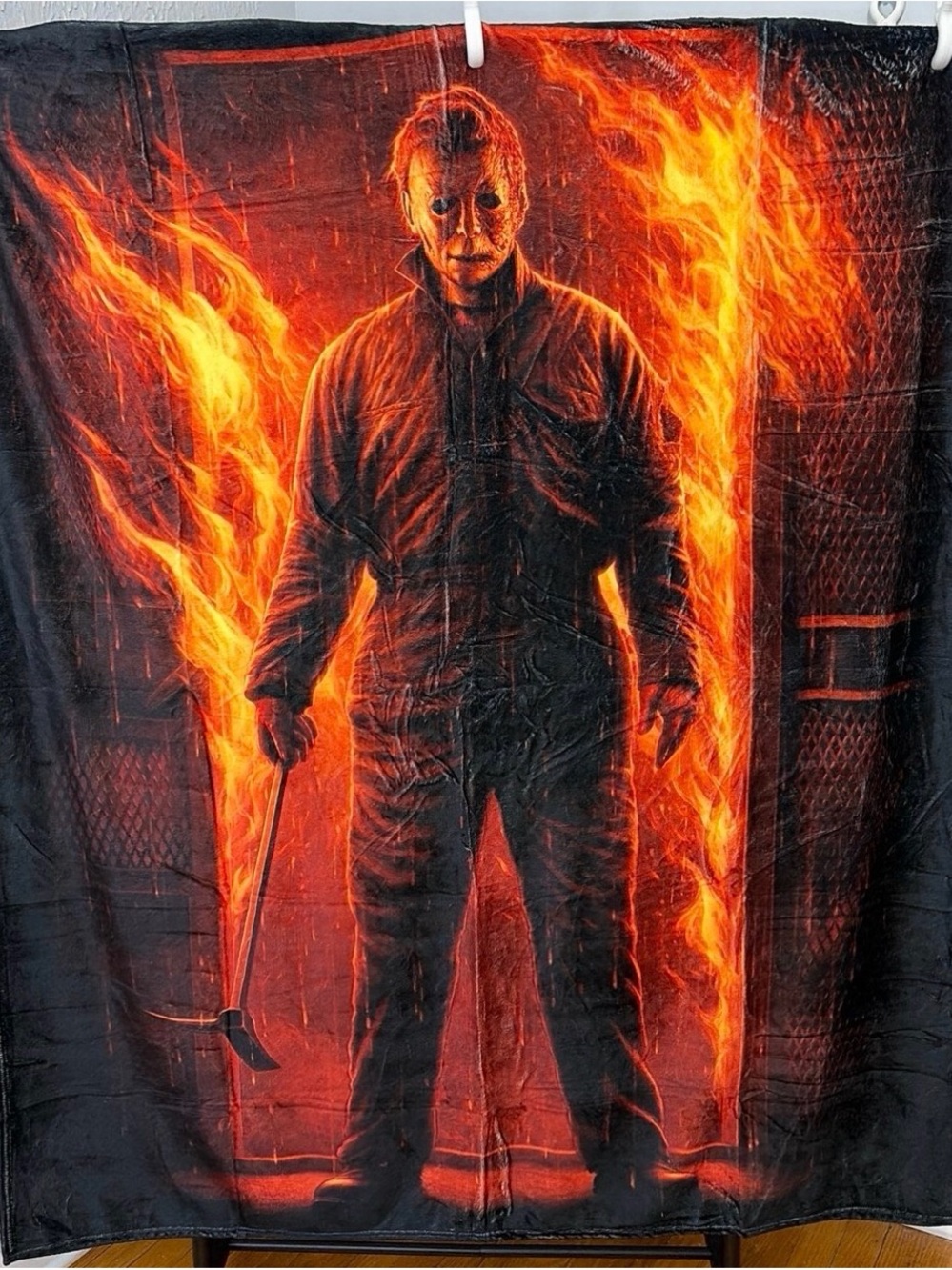 Black & Orange Horror-Themed Flame Throw Blanket - Graphic Masked Figure Design
